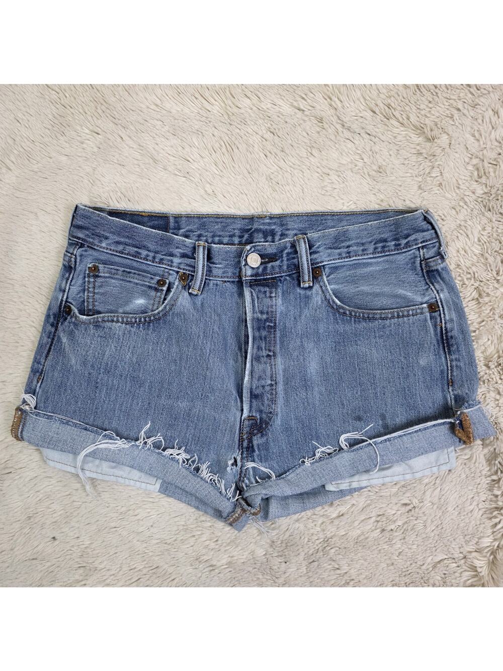 Vintage Levis 501 Womens Cut Off Jean Shorts Size 33 Blue Denim Button Destroyed